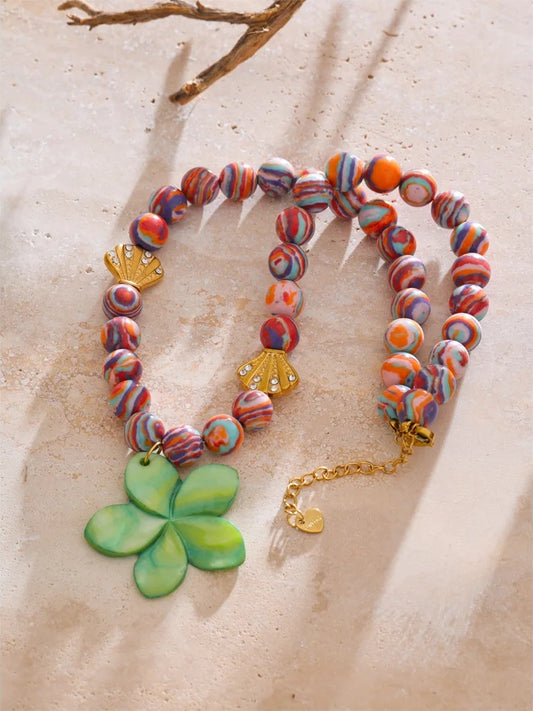 Colorful synthetic malachite flower pendant necklace - product image