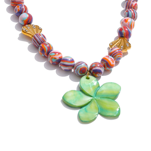 Colorful synthetic malachite flower pendant necklace - product image