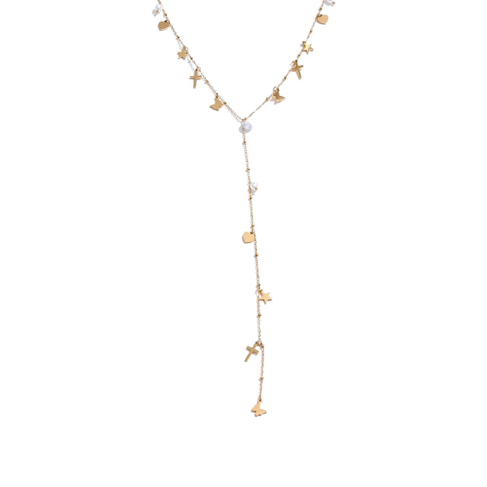 Cross butterfly zircon pearl drop y chain necklace - product image