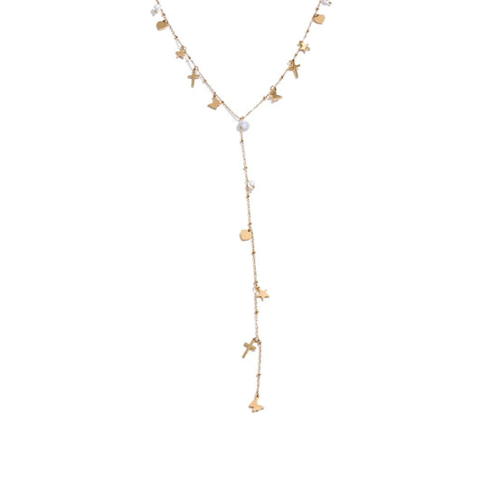Cross butterfly zircon pearl drop y chain necklace - product image
