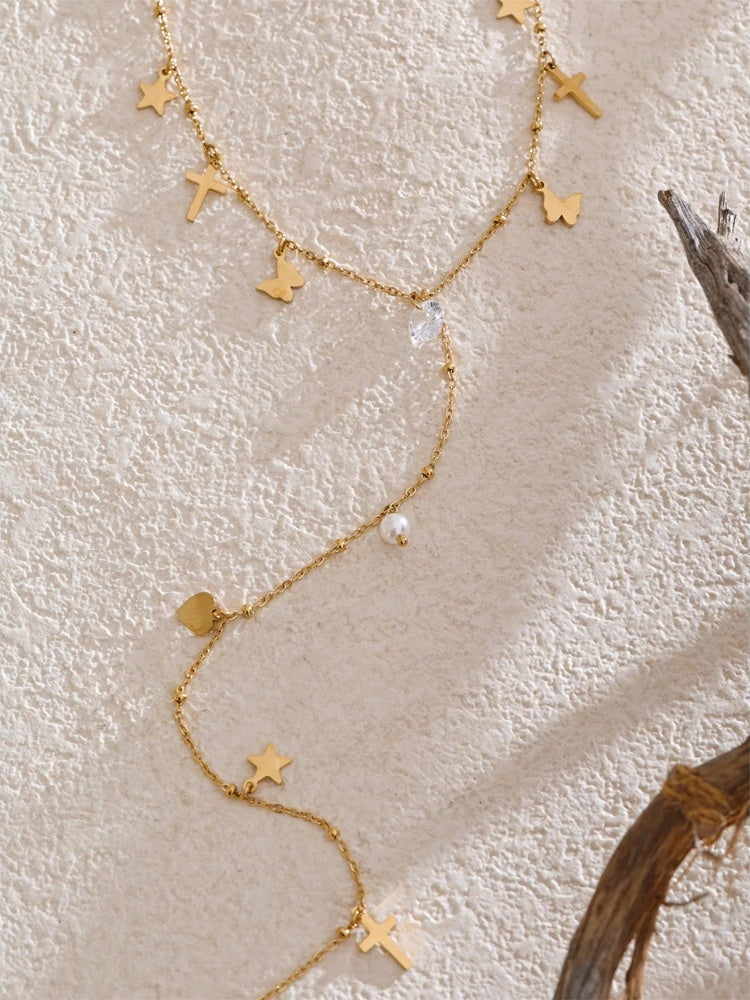Cross butterfly zircon pearl drop y chain necklace - product image