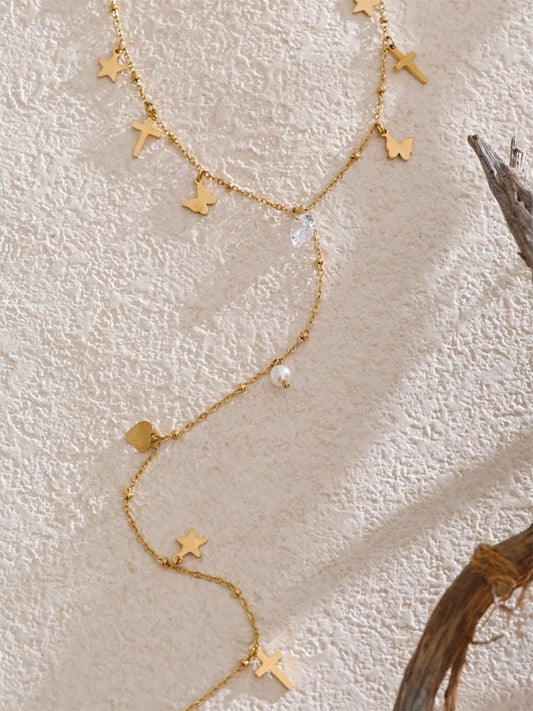 Cross butterfly zircon pearl drop y chain necklace - product image