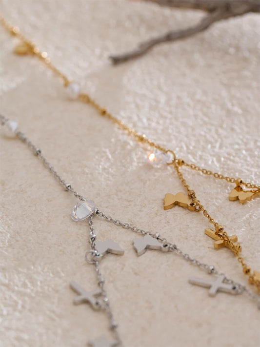Cross butterfly zircon pearl drop y chain necklace - product image