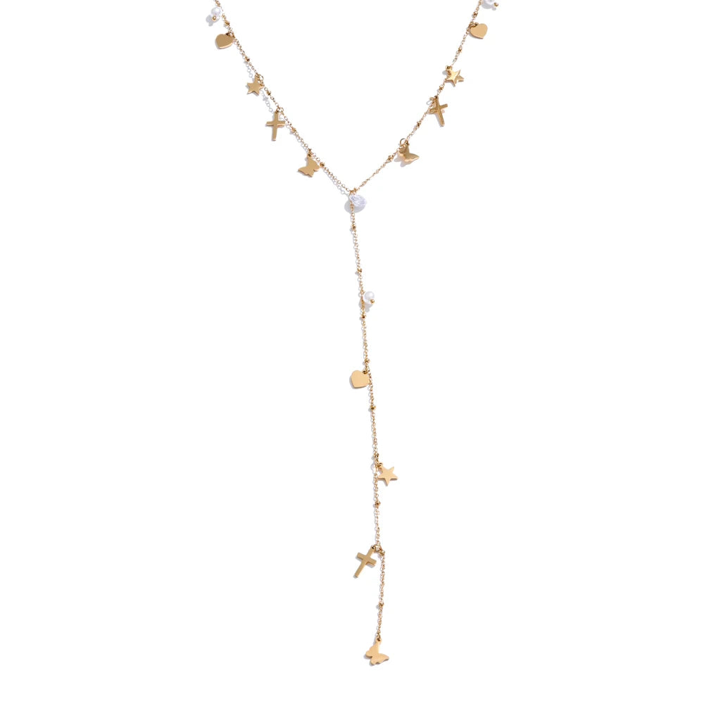 Cross butterfly zircon pearl drop y chain necklace - product image