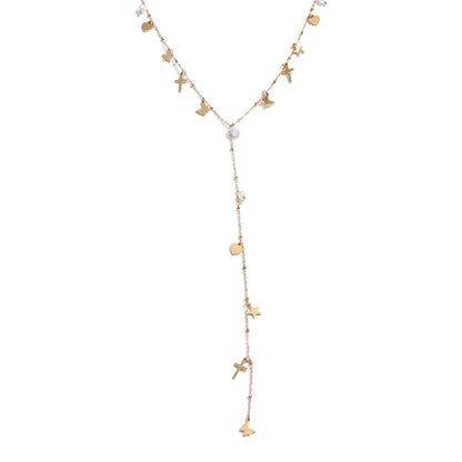 Cross butterfly zircon pearl drop y chain necklace - product image
