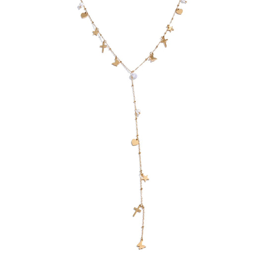 Cross butterfly zircon pearl drop y chain necklace - product image