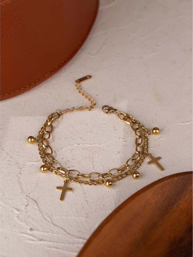 Cross layered link chain charm bracelet - product image