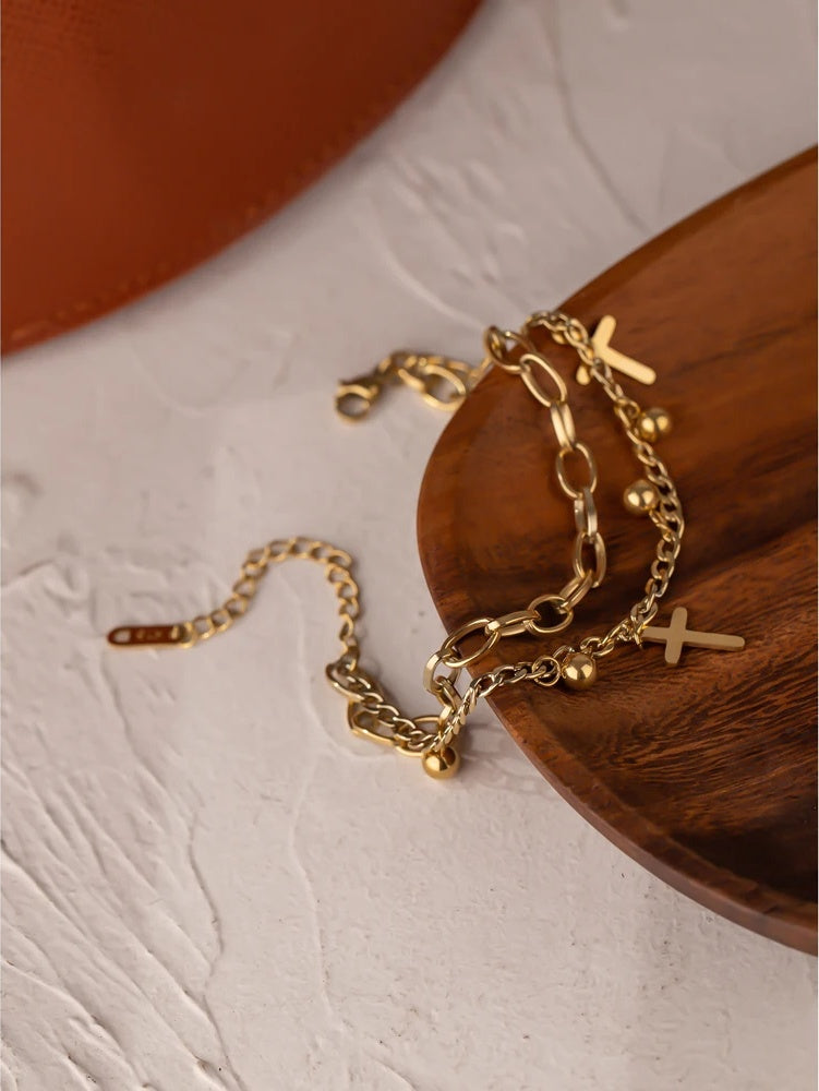 Cross layered link chain charm bracelet - product image