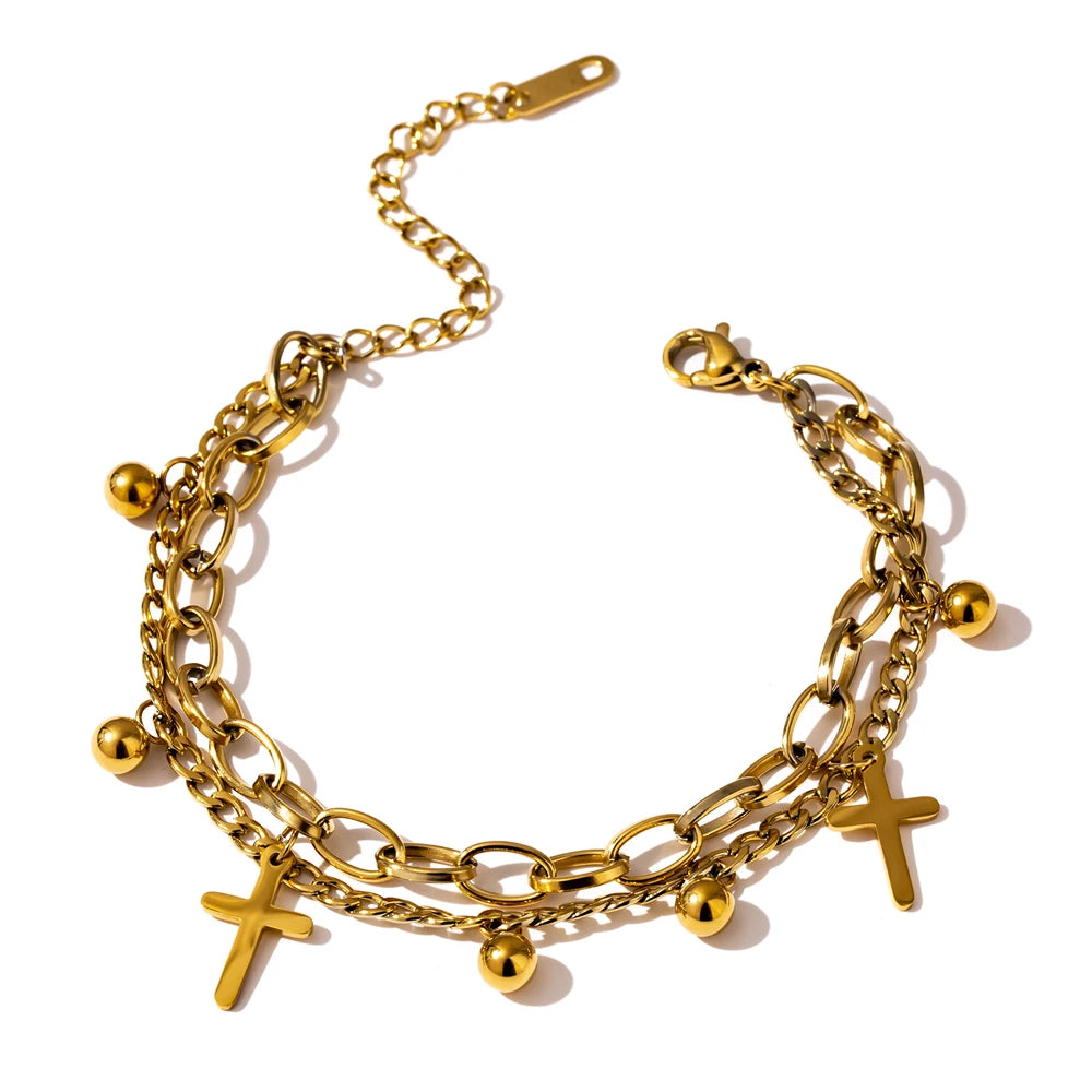 Cross layered link chain charm bracelet - product image