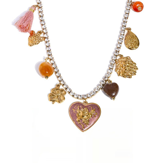 Cubic zirconia acrylic enamel heart flower pendant necklace - product image