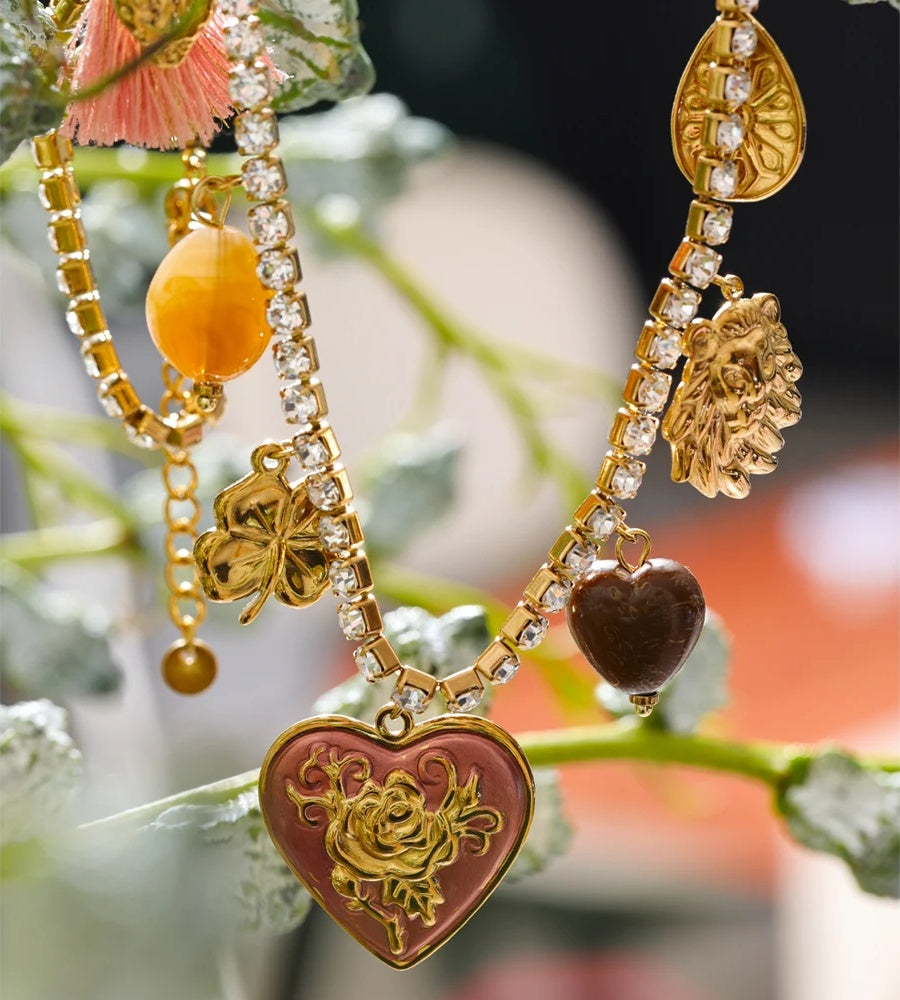Cubic zirconia acrylic enamel heart flower pendant necklace - product image