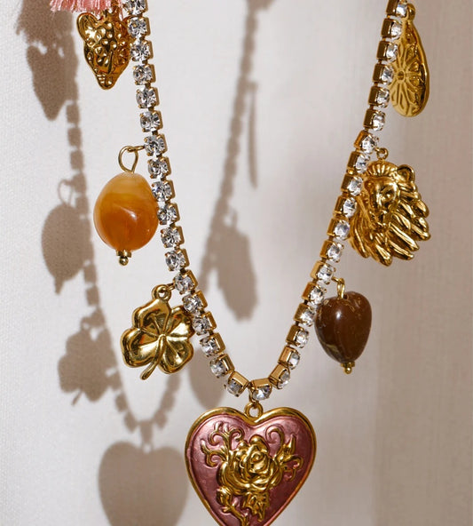 Cubic zirconia acrylic enamel heart flower pendant necklace - product image