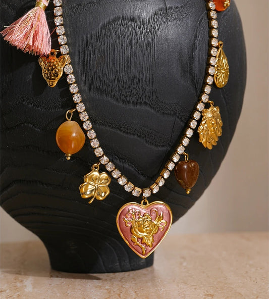 Cubic zirconia acrylic enamel heart flower pendant necklace - product image