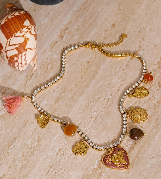 Cubic zirconia acrylic enamel heart flower pendant necklace - product image