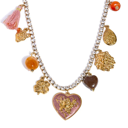 Cubic zirconia acrylic enamel heart flower pendant necklace - product image