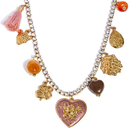 Cubic zirconia acrylic enamel heart flower pendant necklace - product image