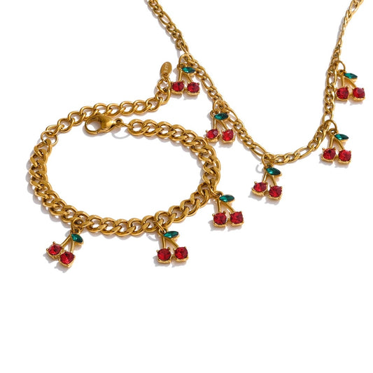Cubic zirconia cherry drop necklace bracelet set - product image