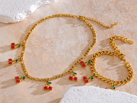 Cubic zirconia cherry drop necklace bracelet set - product image