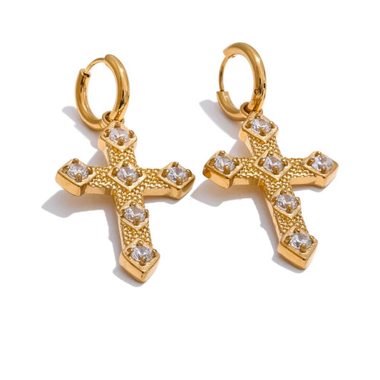 Cubic zirconia cross drop hoop earrings - product image