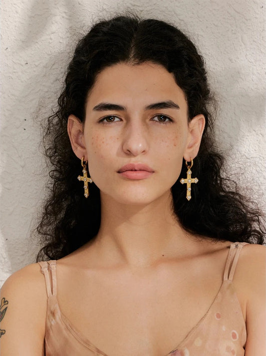 Cubic zirconia cross drop hoop earrings - product image