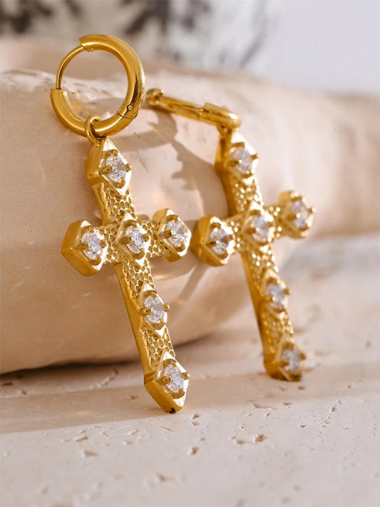 Cubic zirconia cross drop hoop earrings - product image