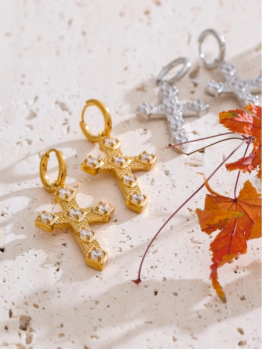 Cubic zirconia cross drop hoop earrings - product image