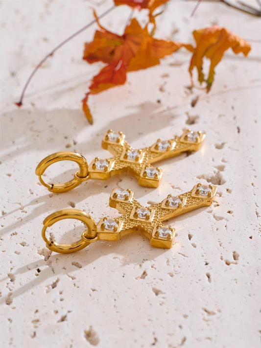 Cubic zirconia cross drop hoop earrings - product image