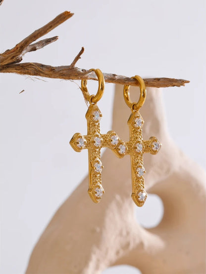 Cubic zirconia cross drop hoop earrings - product image