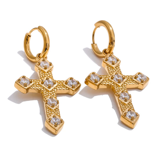 Cubic zirconia cross drop hoop earrings - product image