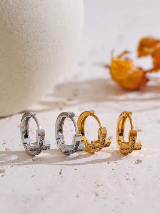 Cubic zirconia cross hoop earrings - product image