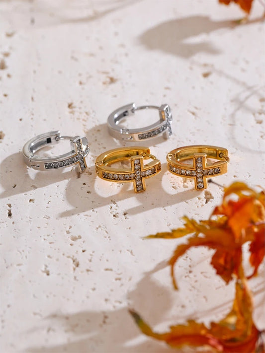 Cubic zirconia cross hoop earrings - product image