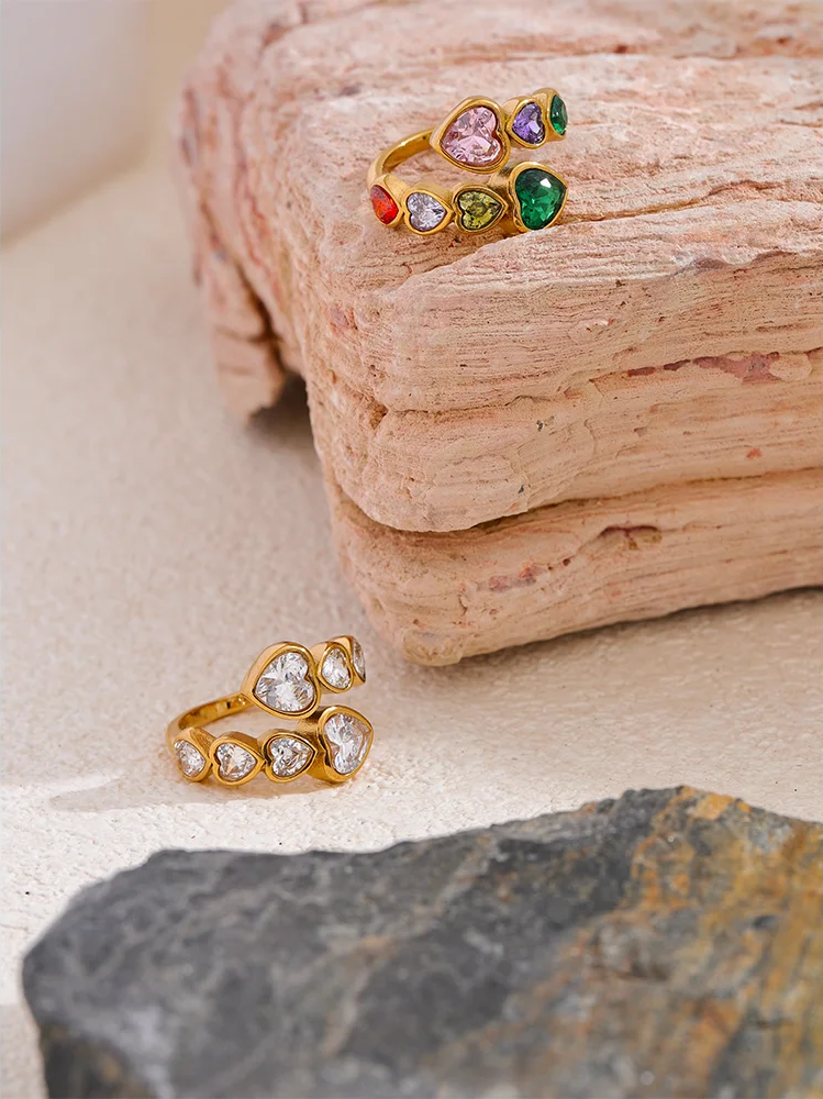 Cubic zirconia heart adjustable fashion open ring - product image