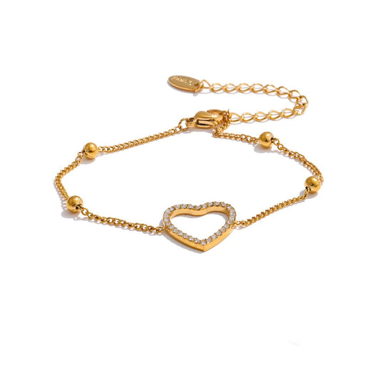 Cubic zirconia heart round hollow chain bracelet - product image