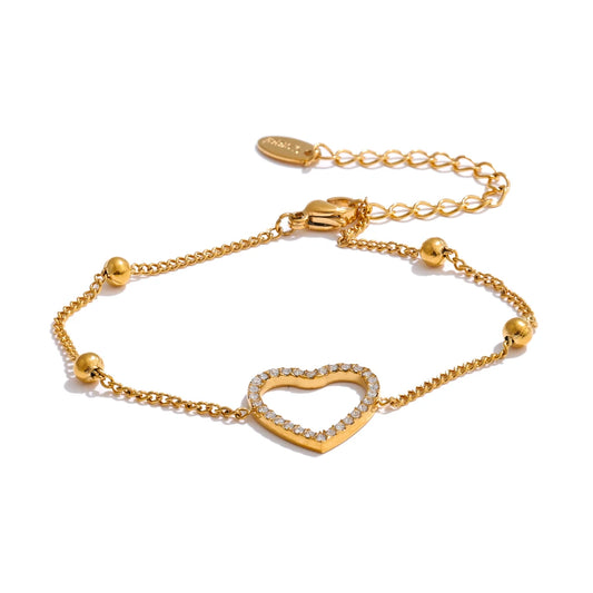 Cubic zirconia heart round hollow chain bracelet - product image
