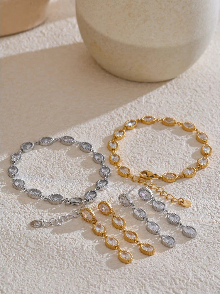 Cubic zirconia oval chain bracelet earrings set - product image