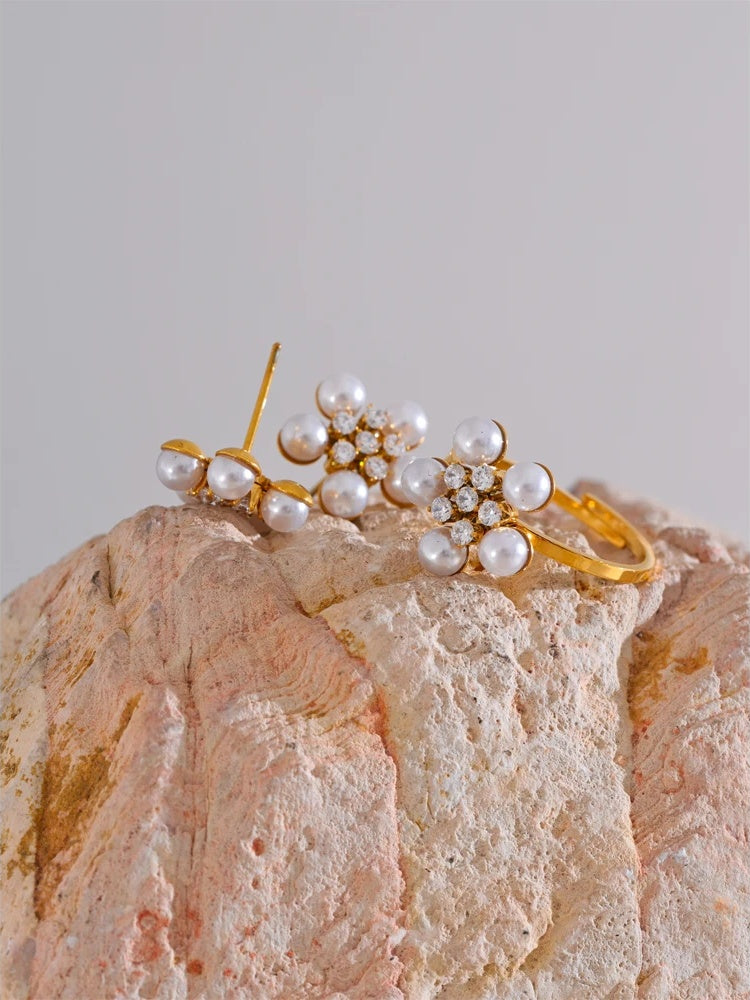 Cubic zirconia simulated pearl flower stud earrings ring set - product image
