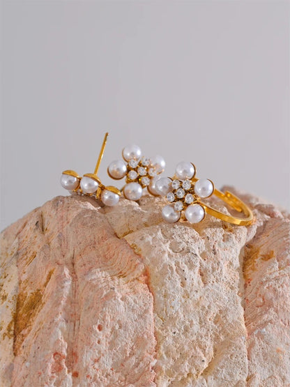Cubic zirconia simulated pearl flower stud earrings ring set - product image