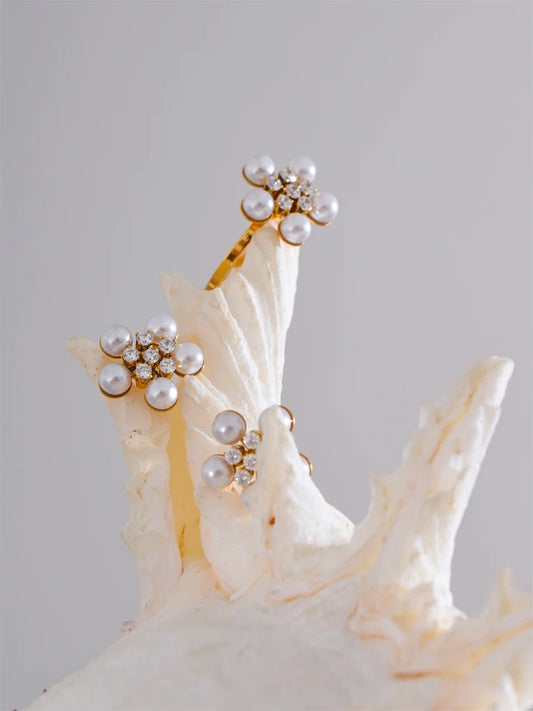 Cubic zirconia simulated pearl flower stud earrings ring set - product image