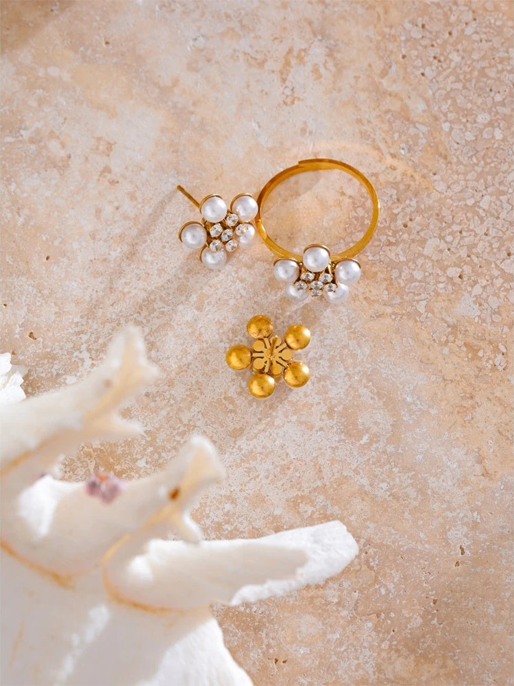 Cubic zirconia simulated pearl flower stud earrings ring set - product image