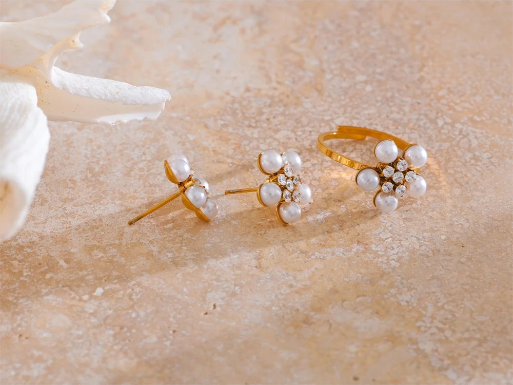 Cubic zirconia simulated pearl flower stud earrings ring set - product image