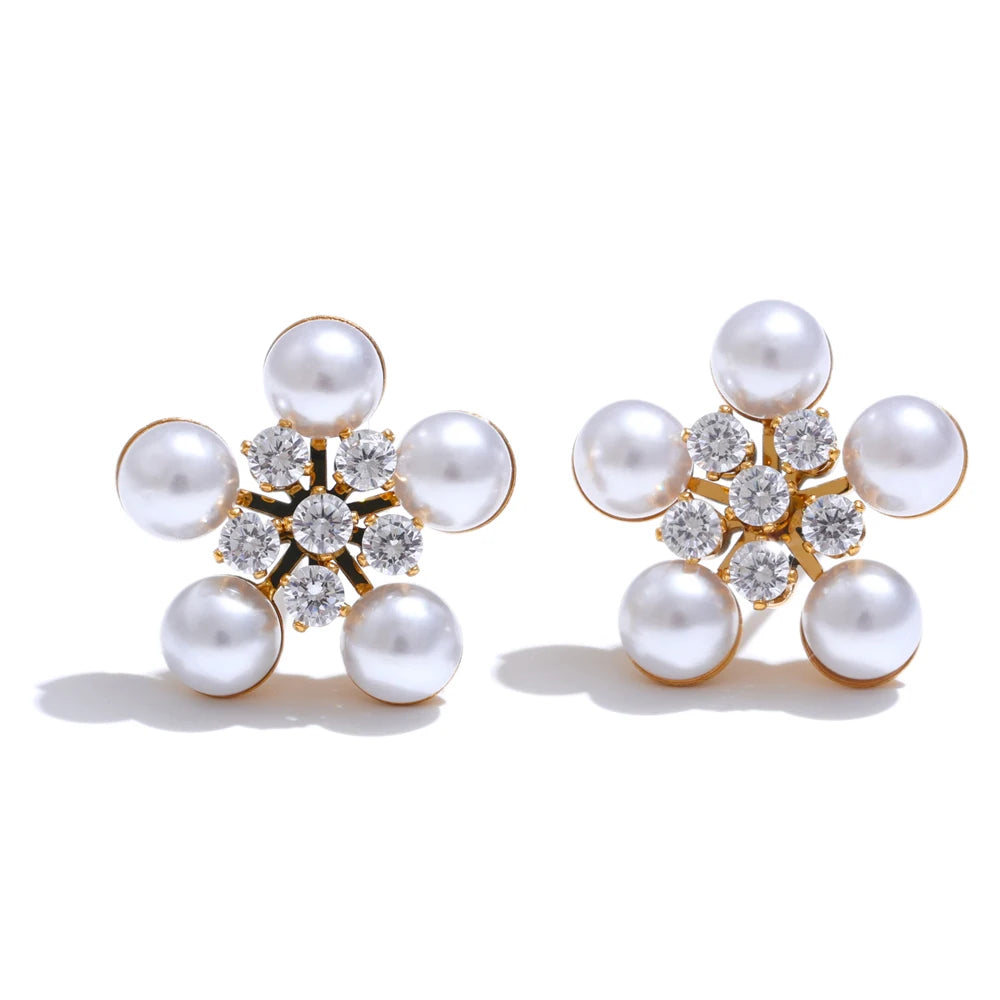 Cubic zirconia simulated pearl flower stud earrings ring set - product image