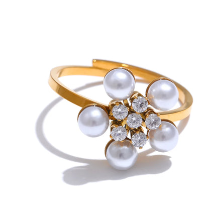 Cubic zirconia simulated pearl flower stud earrings ring set - product image
