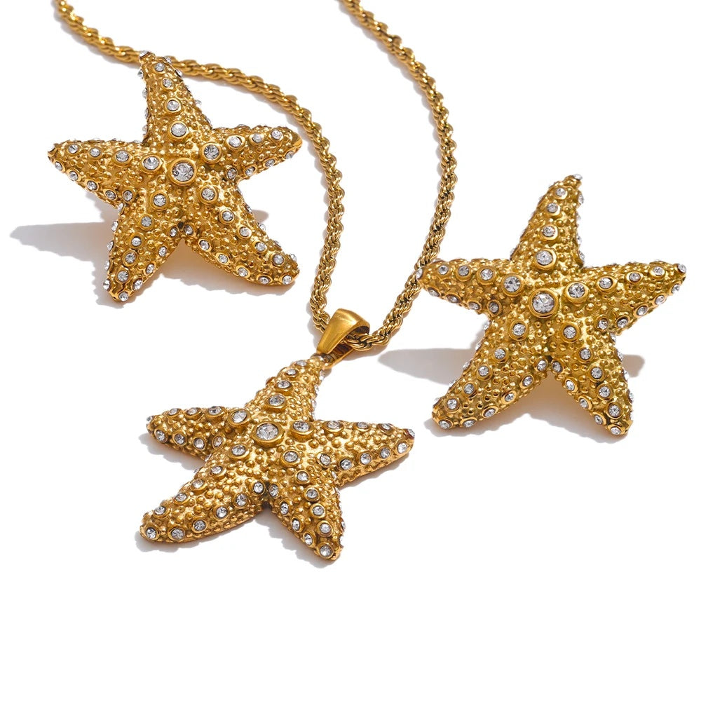 Cubic zirconia starfish pendant necklace earrings set - product image