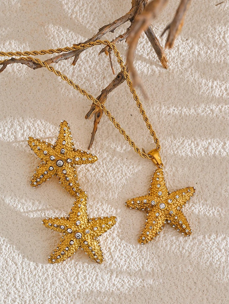 Cubic zirconia starfish pendant necklace earrings set - product image