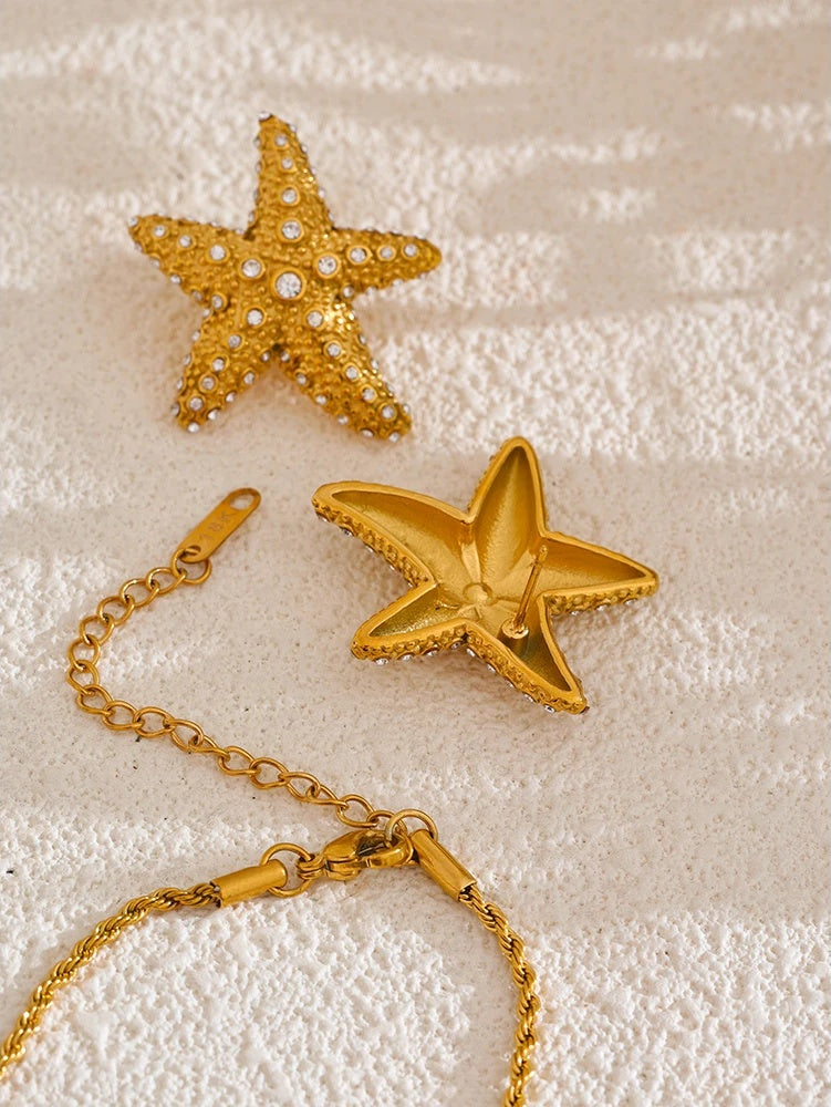 Cubic zirconia starfish pendant necklace earrings set - product image