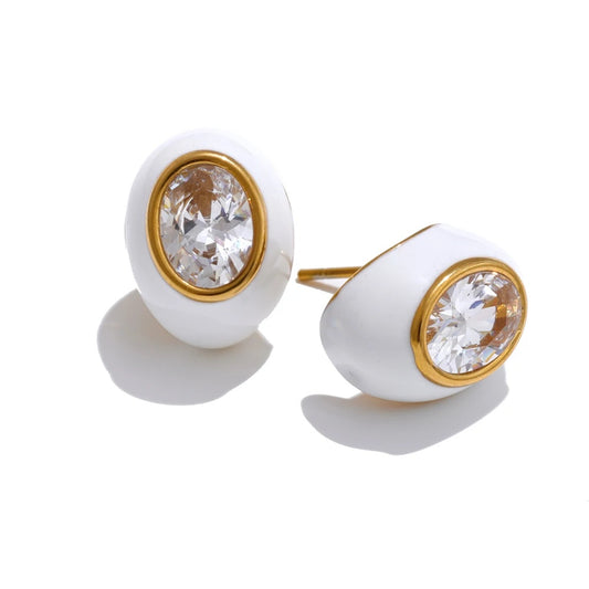 Cubic zirconia white enamel oval abstract stud earrings - product image