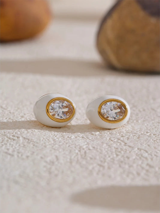 Cubic zirconia white enamel oval abstract stud earrings - product image