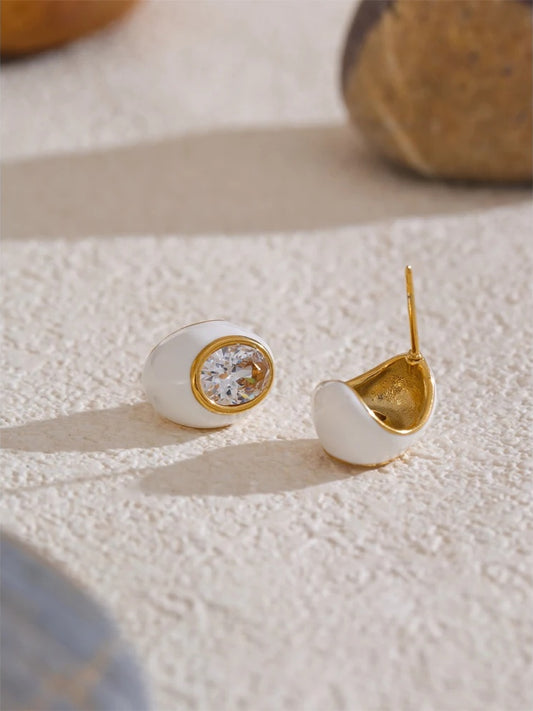 Cubic zirconia white enamel oval abstract stud earrings - product image