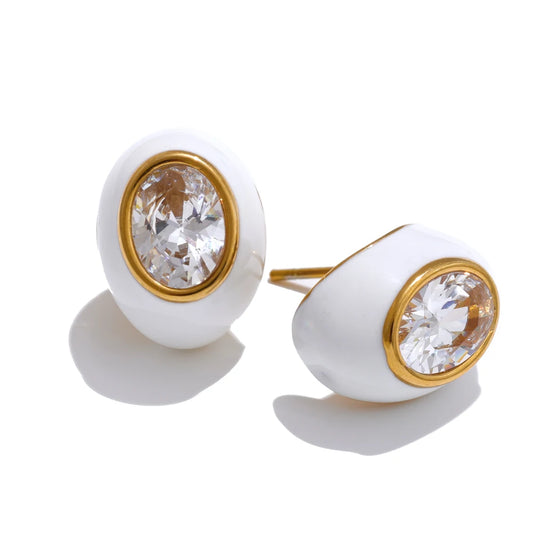 Cubic zirconia white enamel oval abstract stud earrings - product image