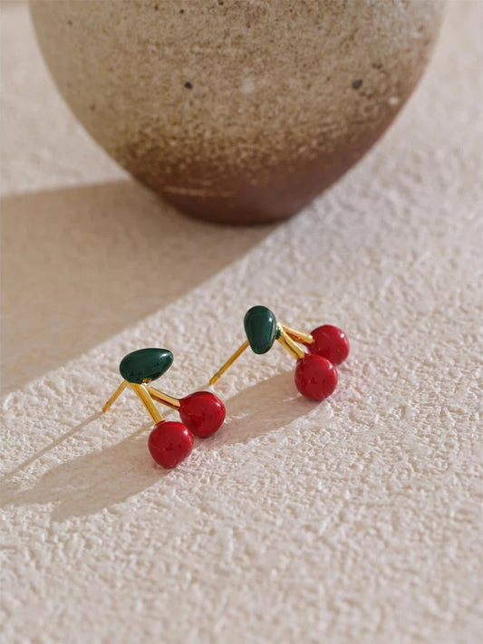 Cute cherry enamel abstract stud earrings - product image